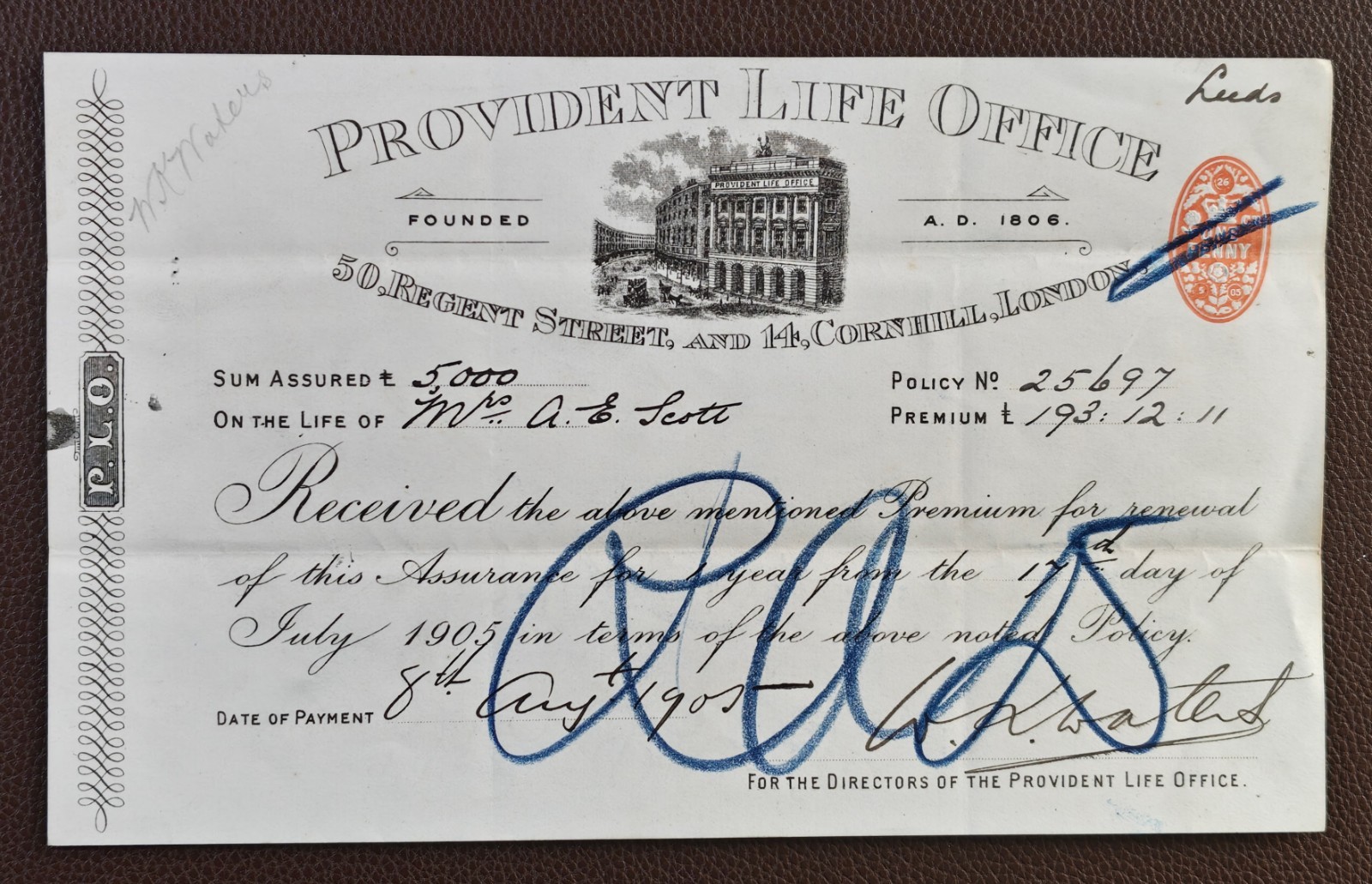 1905 Provident Life Office 50 Regent St London Insurance Premium Ornate Receipt