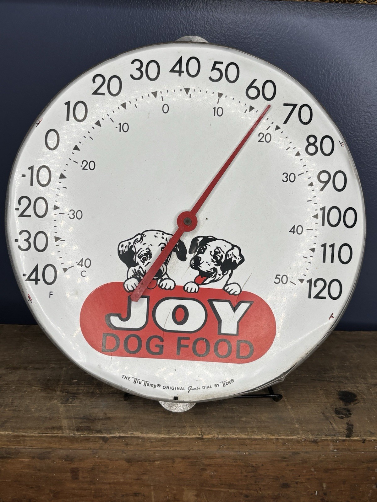 Vintage Original Metal Graphic Joy Dog Food Puppy Hanging Thermometer Trade Sign