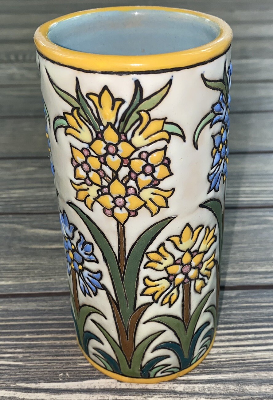 Vintage Aguado Toledo Floral Relief Vase yellow blue green flowers Vintage Aguado Toledo Floral Relief Vase yellow blue green flowers