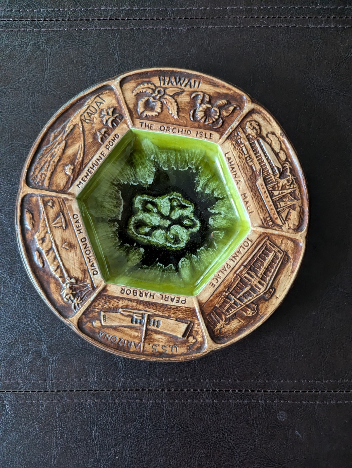 Vintage Hawaii Souvenir Ceramic Drip Glaze Dish 8