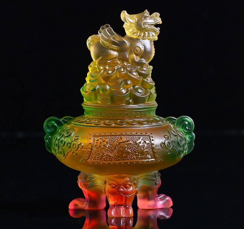 Chinese Liu Li Crystal Pi Xiu Treasure Basin Ingot Tripod Feng Shui Decor