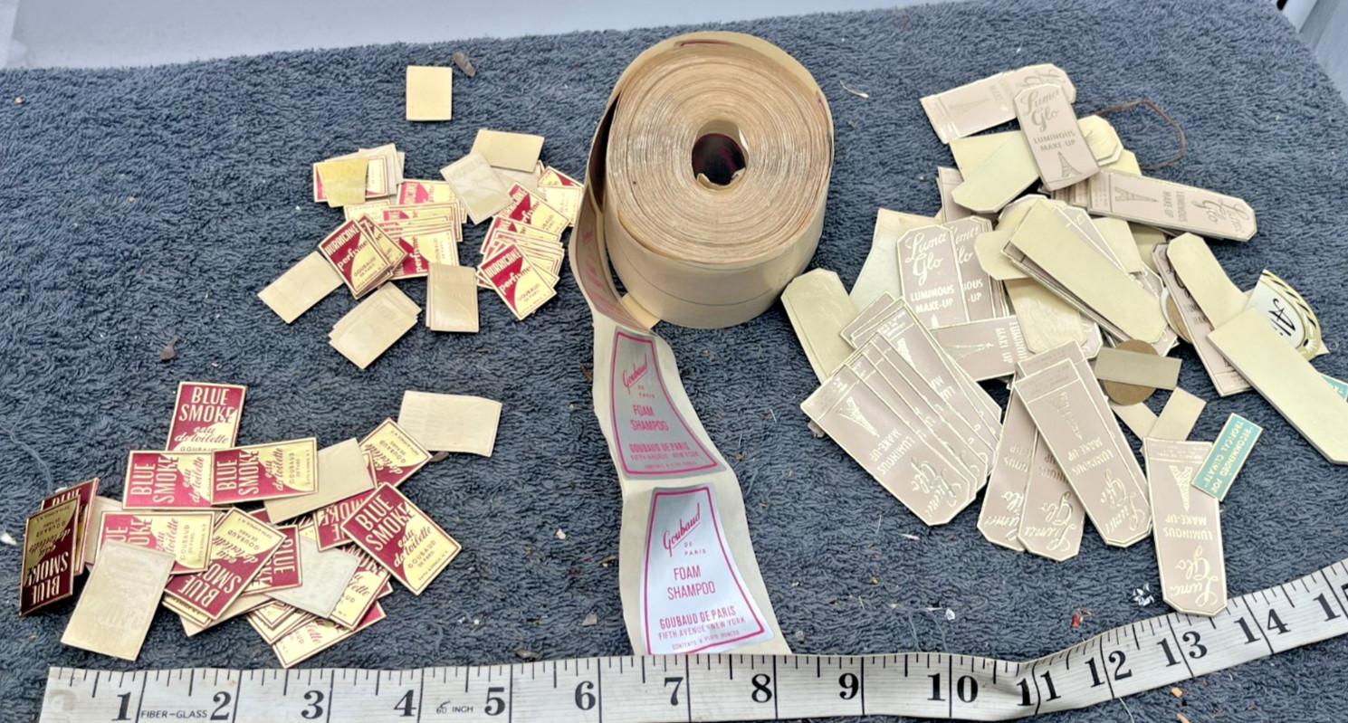 vintage art deco lot gummed labels stickers embossed rolls fragrance gold 50s 