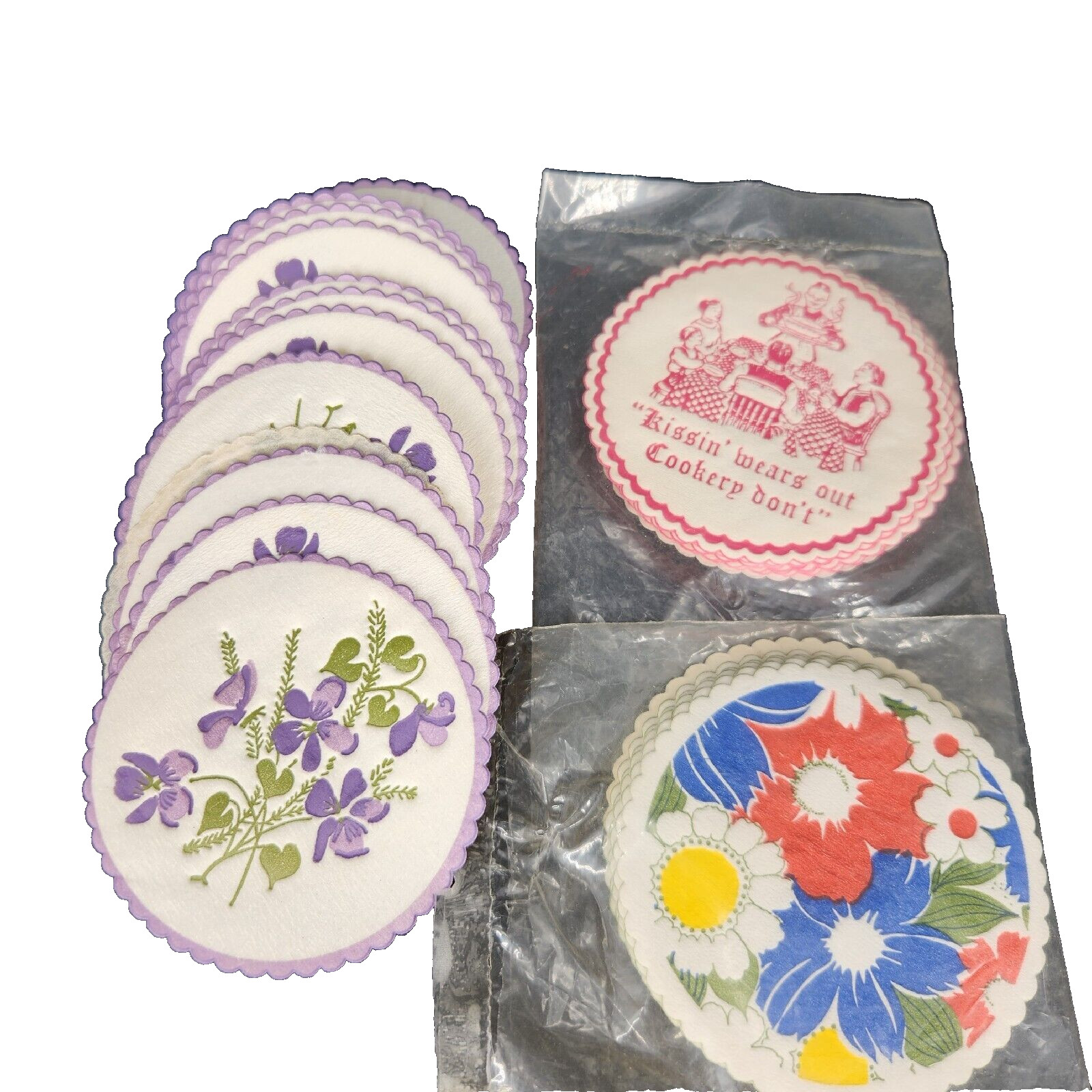 Mid Century Vintage Paper Drink Coasters Mod Floral Violets Kissin\' Wears Out
