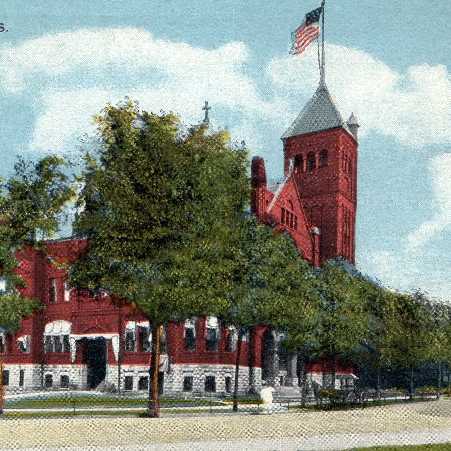 c1910s La Crosse, WI City Hall Postcard Red Brick Architecture Flag Cannon Vtg