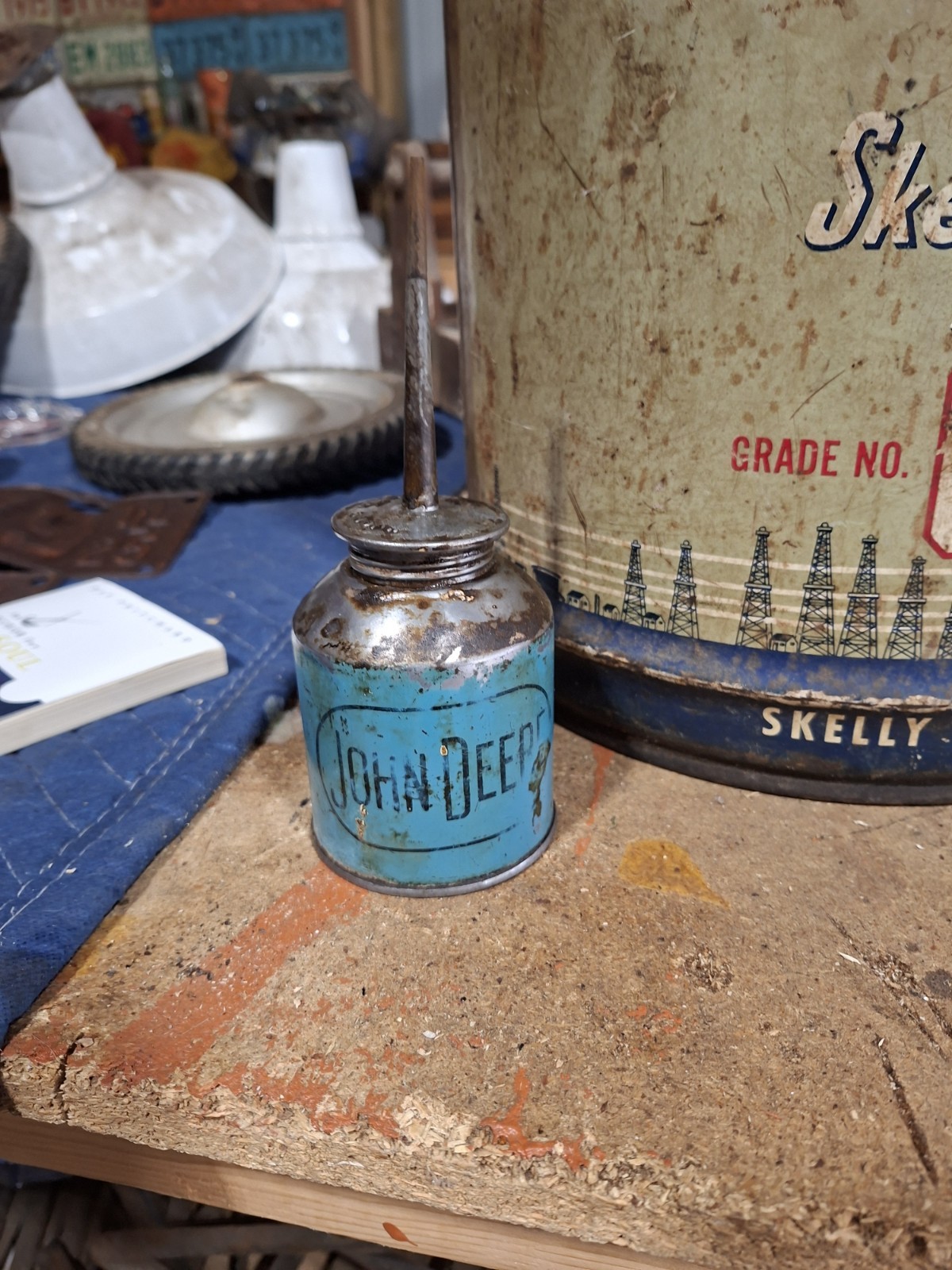 John Deere Vintage Blue Metal Oil Can Oiler with Spout, Agriculture Theme