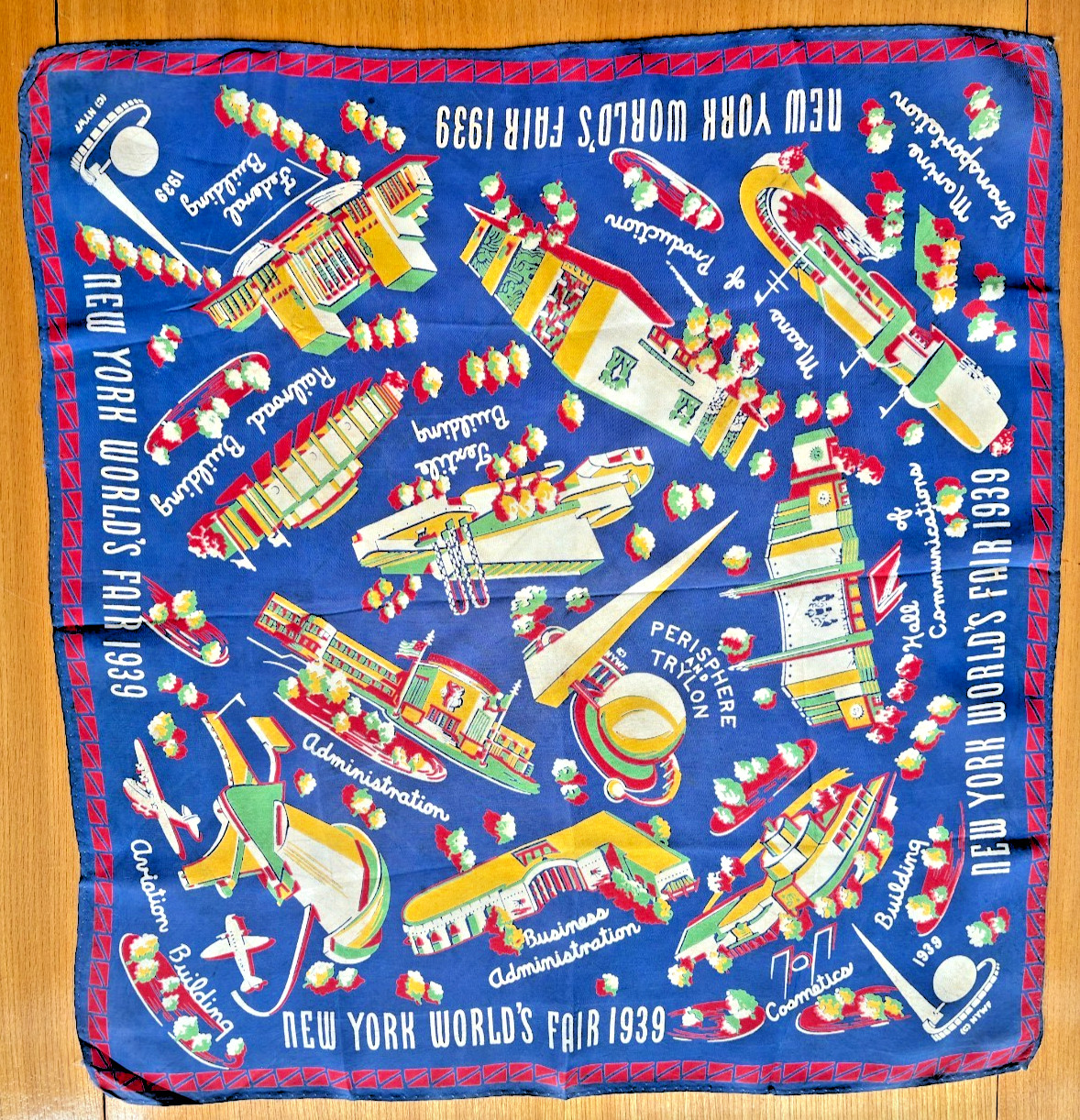 VTG  1939 New York World’s Fair Handkerchief Scarf Perisphere & Trylon 18 X 20