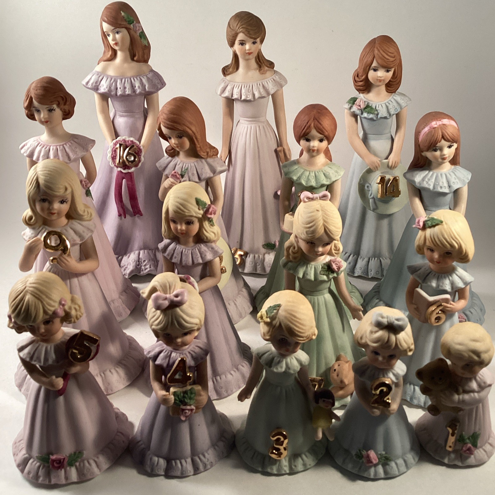 Enesco Growing Up Birthday Girls set ages 1-16, 1980s, All pristine.