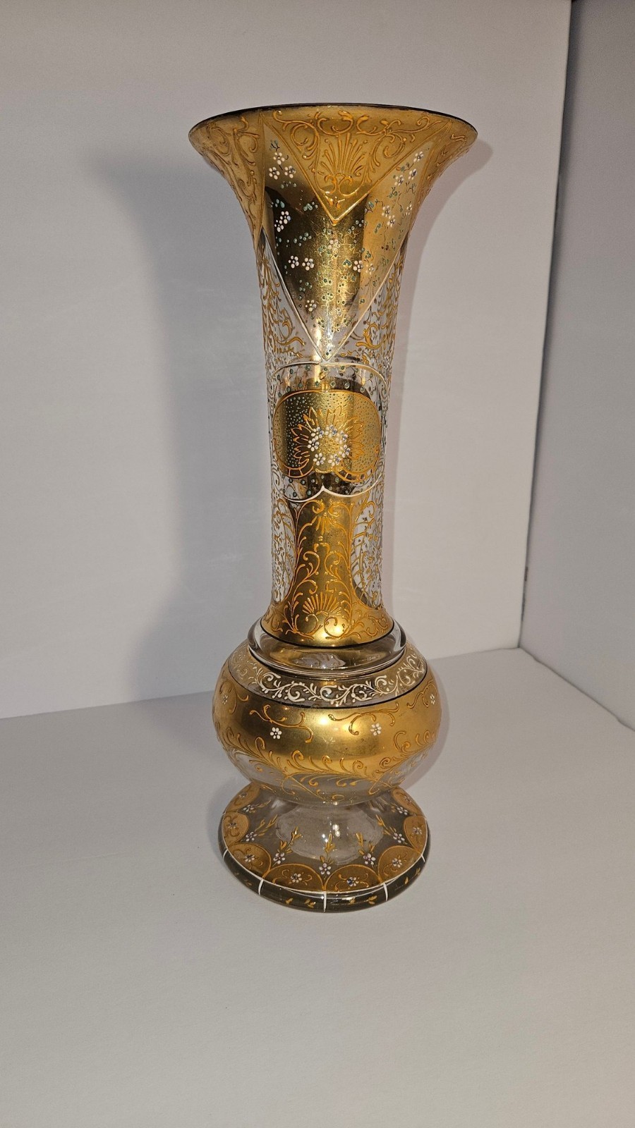 Bohemian Style Gilt Glass Trumpet Vase 14 in Tall Gold White Enamel Florals