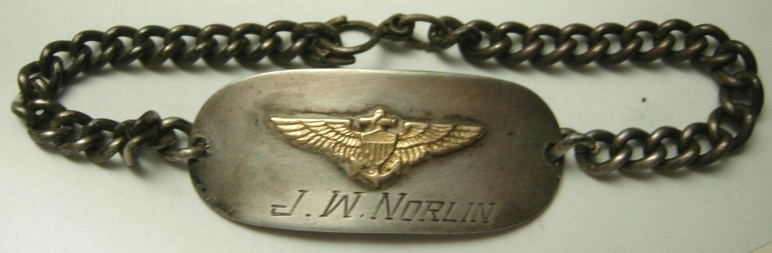 WW2 USMC Sterling Pilot\'s Bracelet John W Norlin 702-36-82