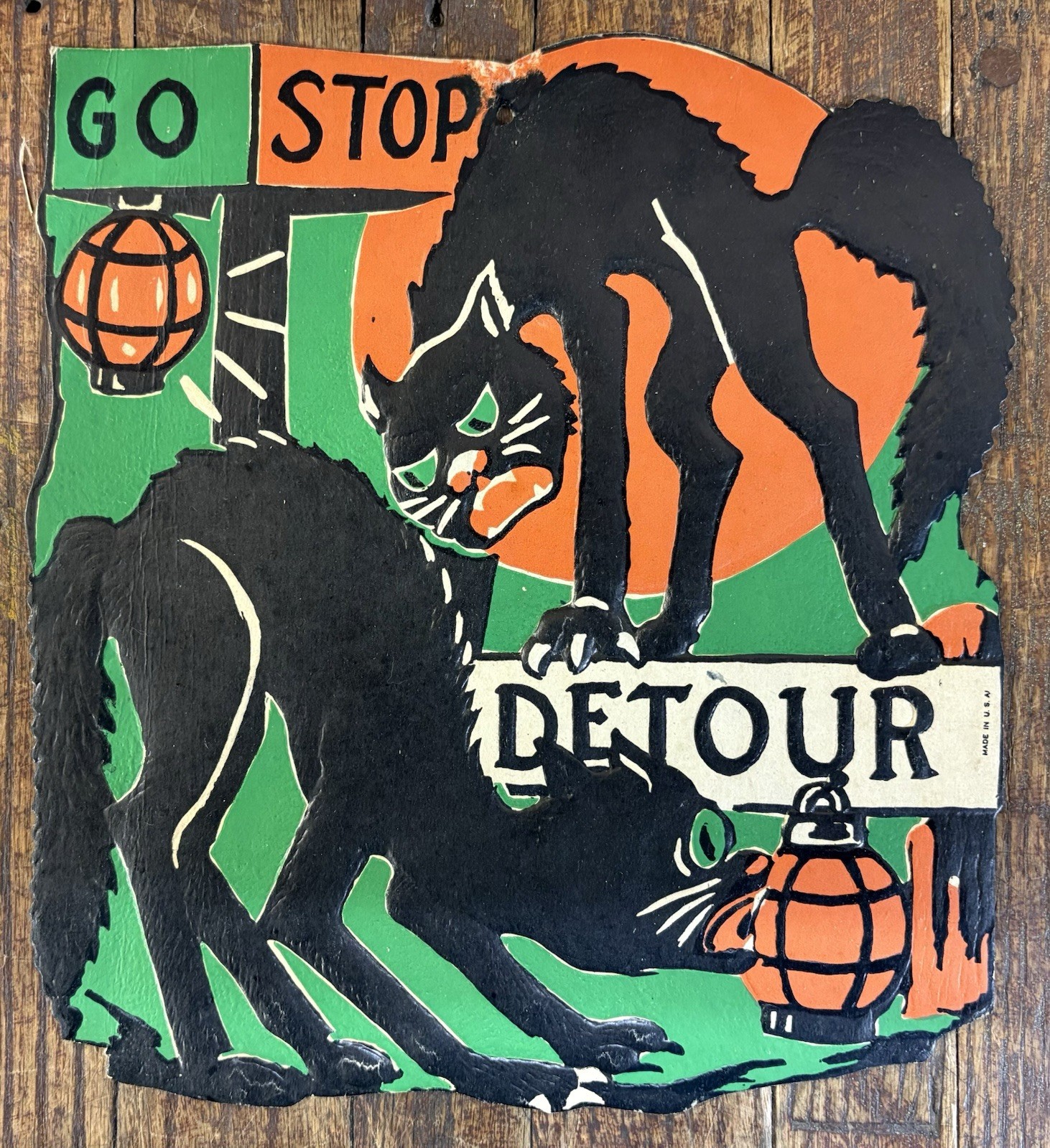 Vintage 1930s Beistle Halloween Die Cut Black Cats Go Stop Detour 8x9