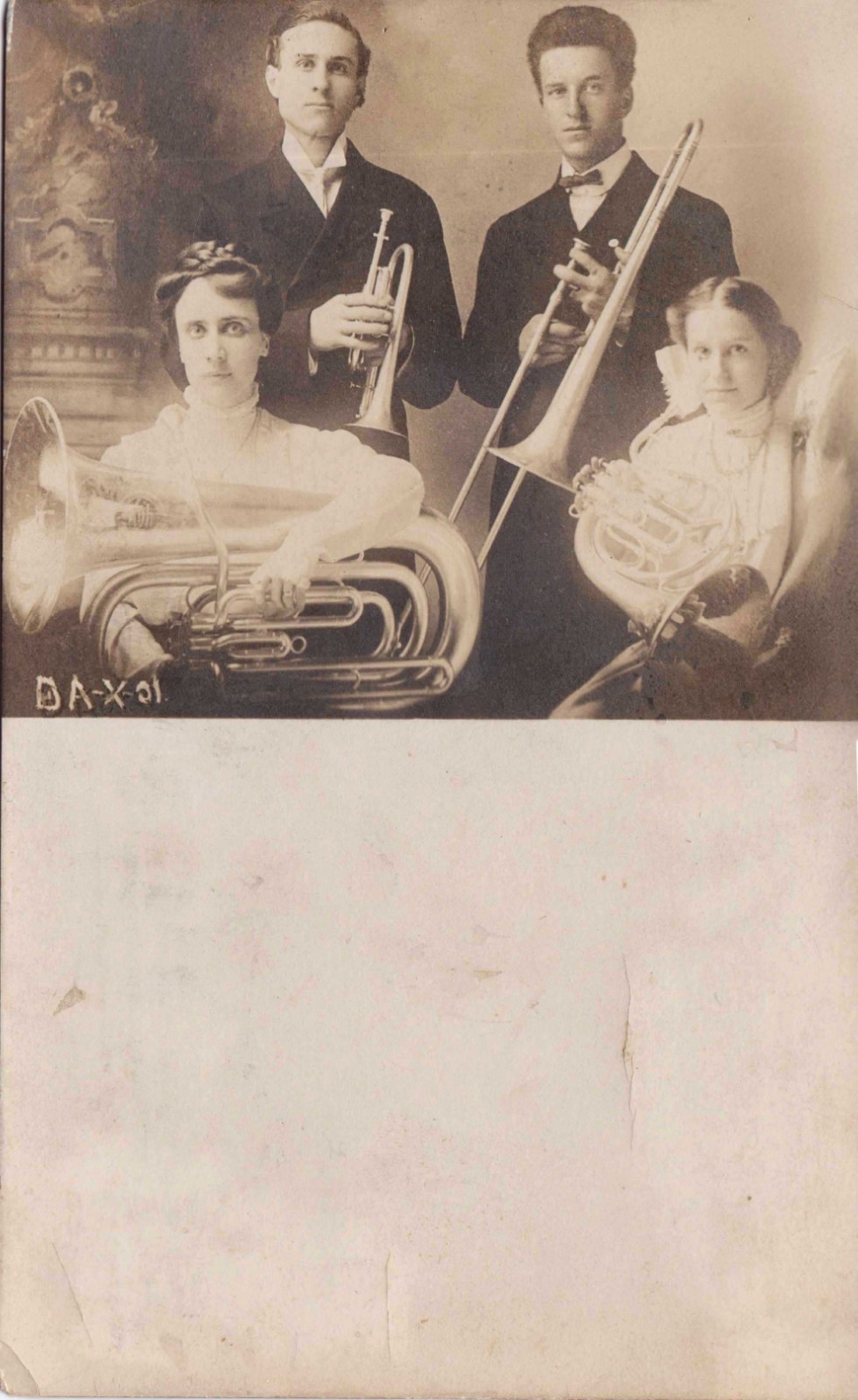 Vintage RPPC - 1910 - Mixed brass quartet - Trumpet, tuba, trombone, mellophone