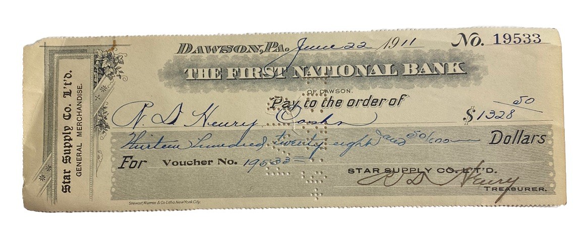 Star Supply Co Coal Company Store First National Bank of Dawson PA 1910s Check