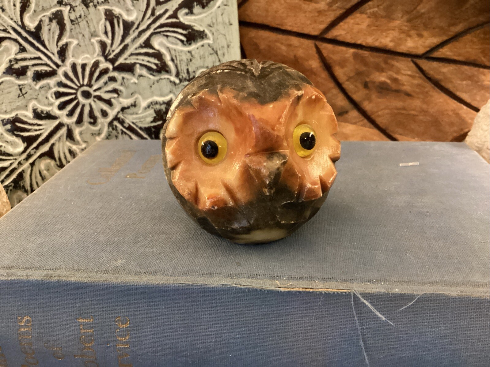 Vintage Genuine Alabaster Marble Owl Head Paperweight- Hand Carved Made in Italy