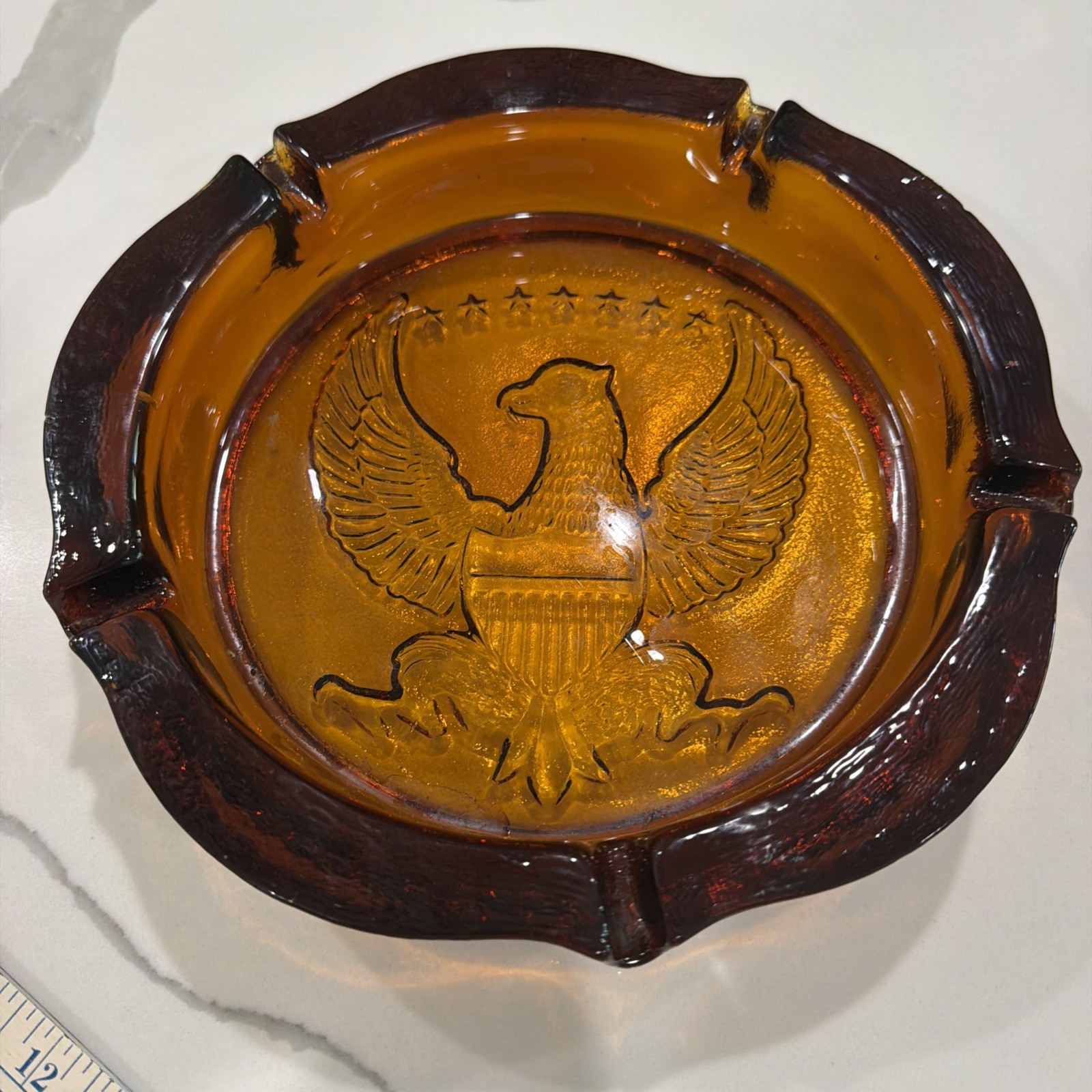 Vtg Heavy Indiana Glass Amber Ashtray Tiara Americana Eagle 10