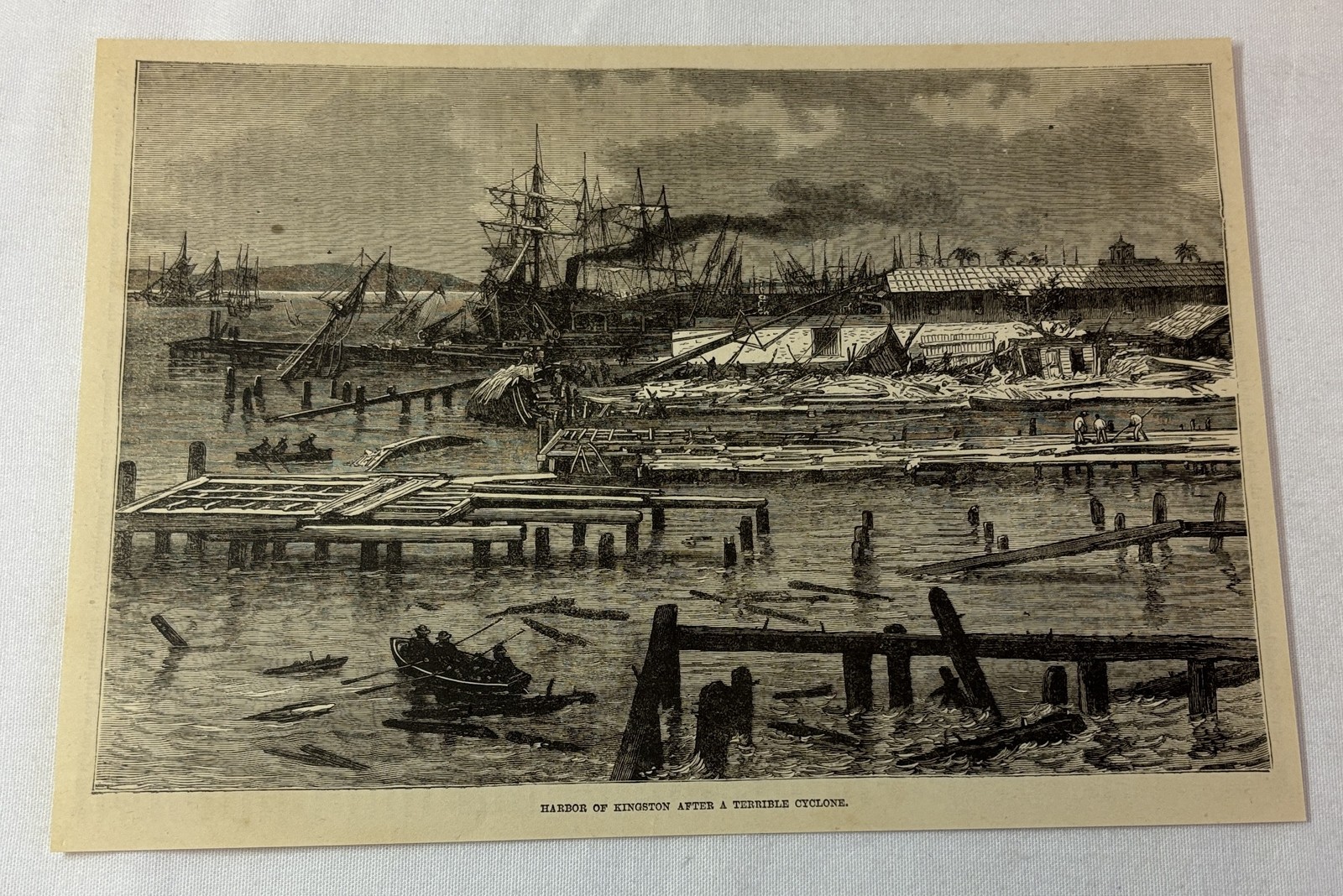 1886 magazine engraving ~ KINGSTON HARBOR AFTER CYCLONE, Jamaica