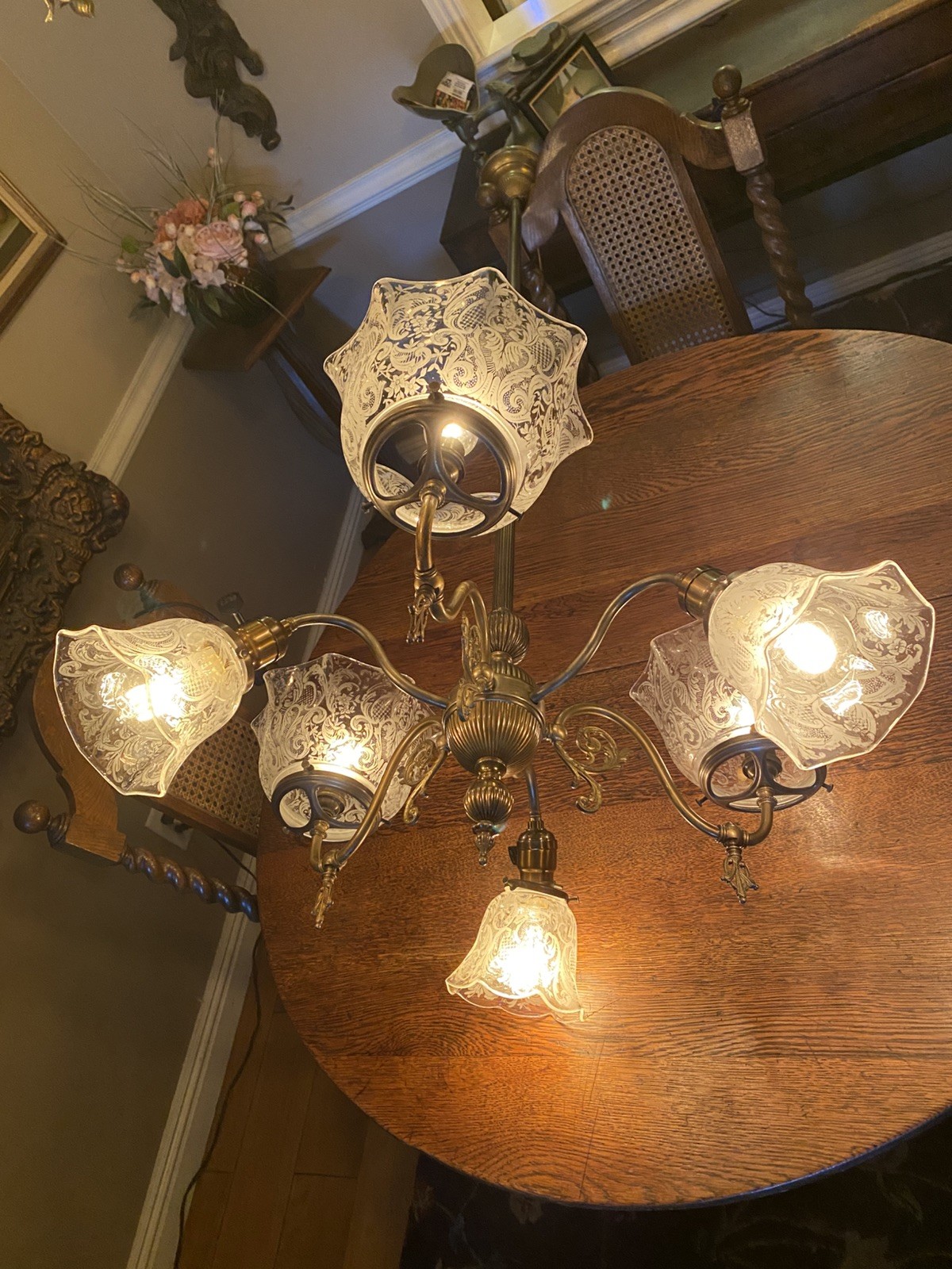 ANTIQUE 1890’s GAS and ELECTRIC 3/3 Combo Chandelier-Orig Etched Shades