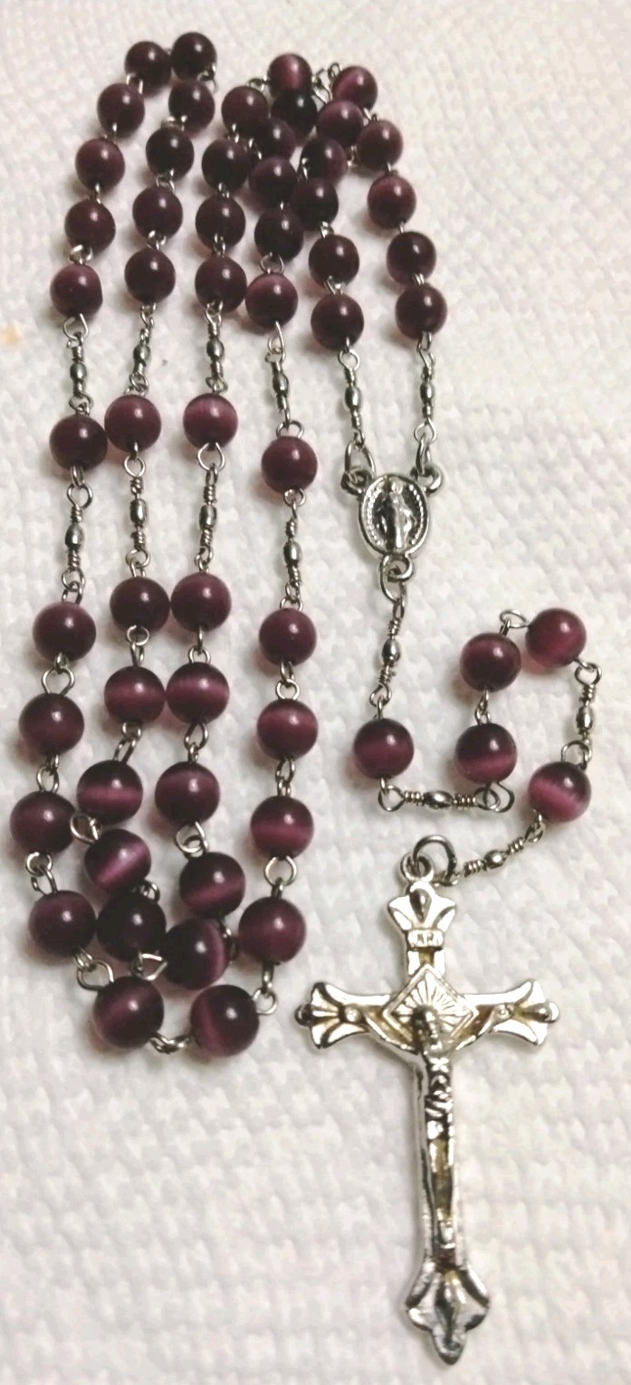 Vintage Purple Cat\'s Eye Rosary Virgin Mary Center 