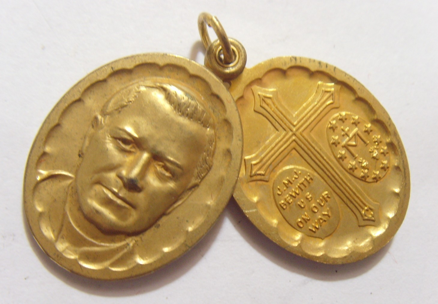 1954 antique gold tone religious catholic Saint Pius x double pendant 55099 1954 antique gold tone religious catholic Saint Pius x double pendant 55099