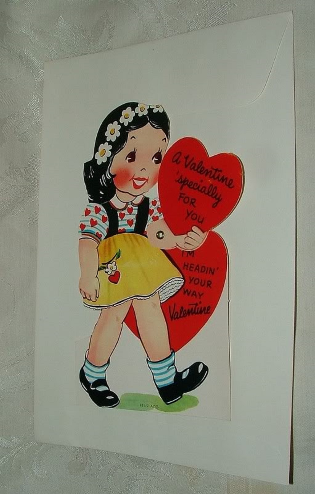 VINTAGE 1950s Movable Mechanical Valentine Card DAISY GIRL I\'m Headin\' your Way