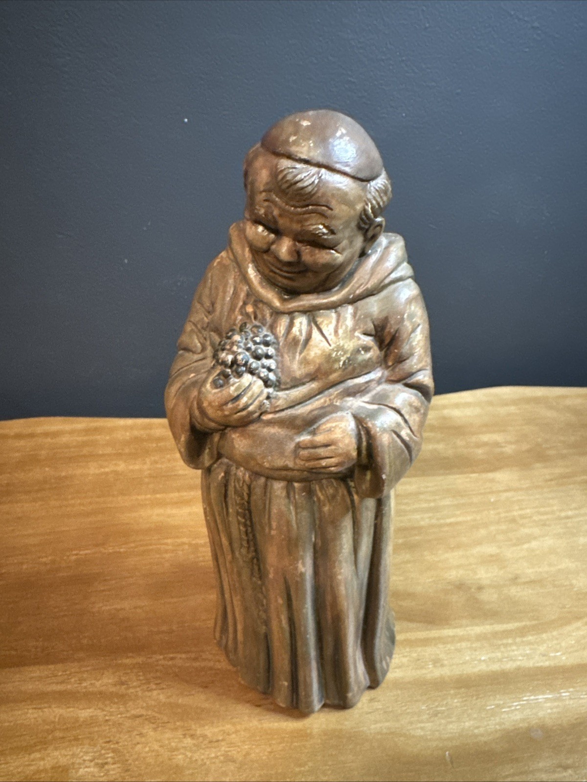 Vintage Happy Friar Monk W Grapes Ceramic Sculpture 