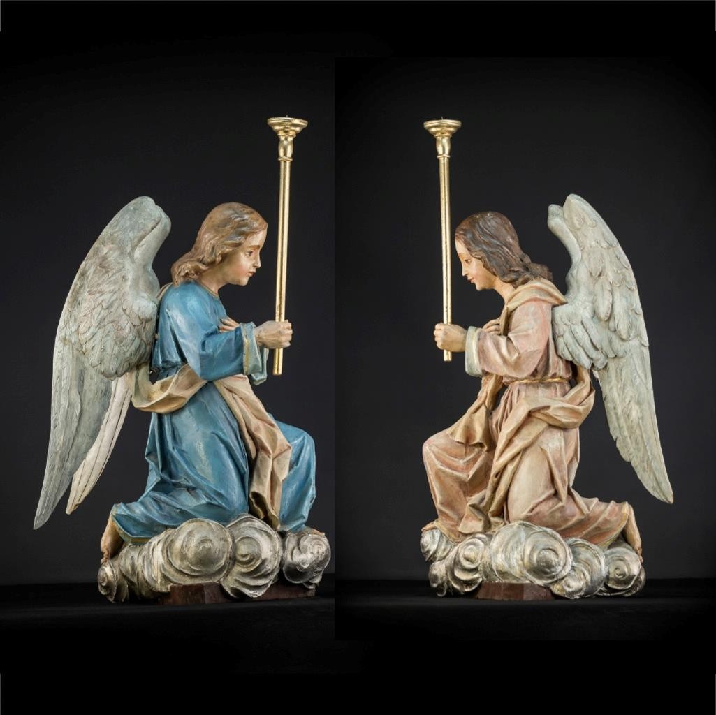 Angel Statues Pair | 2 Antique Altar Figure | 1800s Cherub Wood Carving 33.9