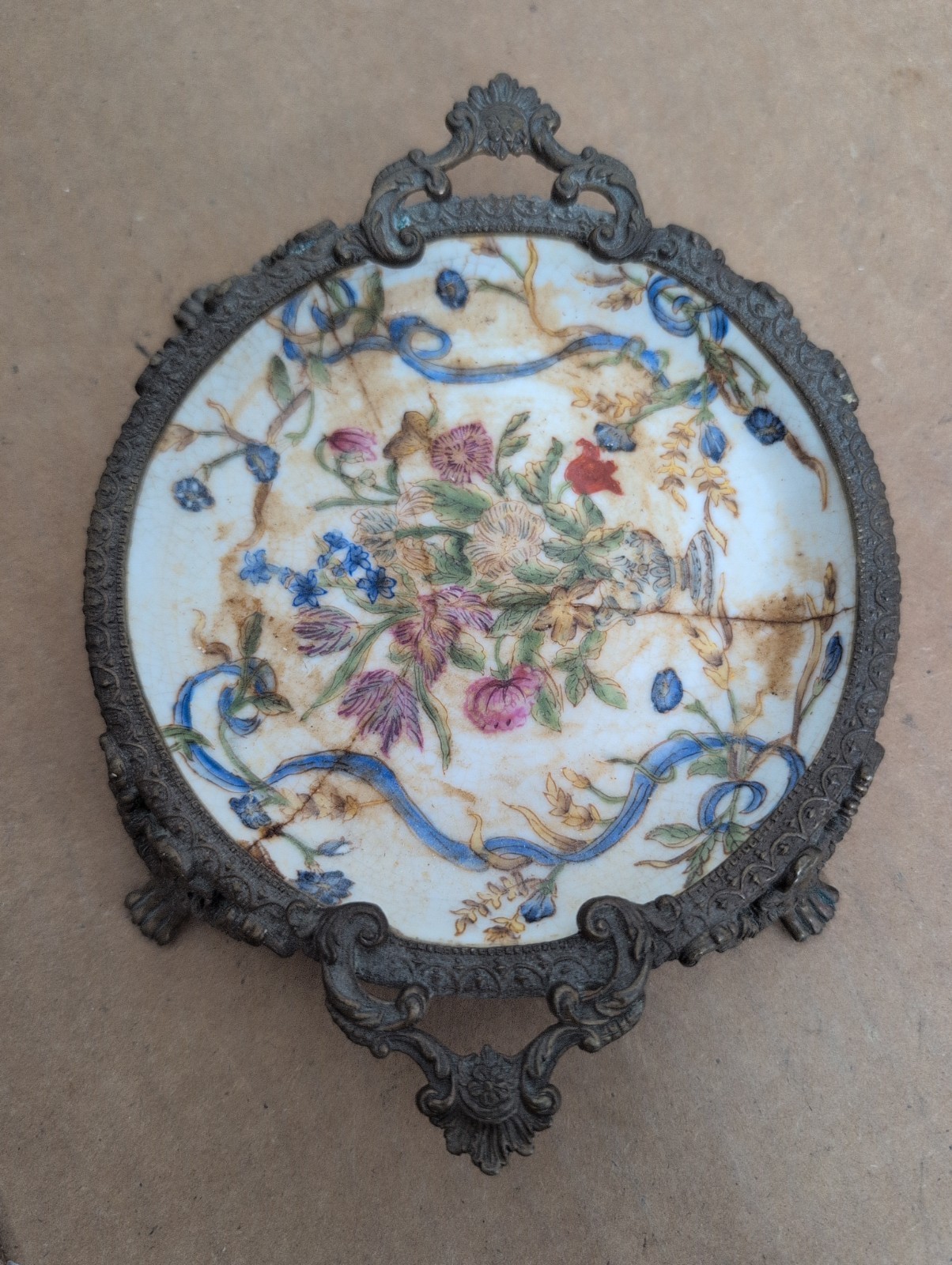 Vintage Hua Ping Tang Zhi Chinese Porcelain Bronze Footed Cracked