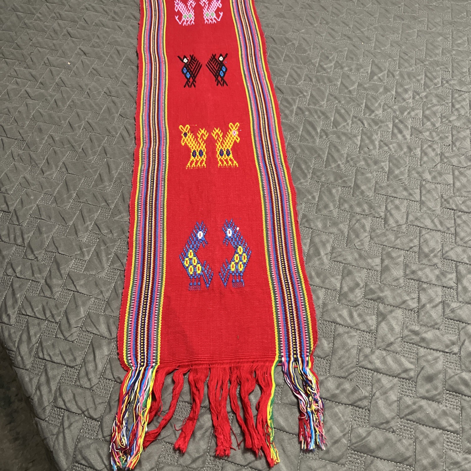 Vintage Guatemalan Handwoven Table Runner 65” Chichicastenango Maya Animal Art