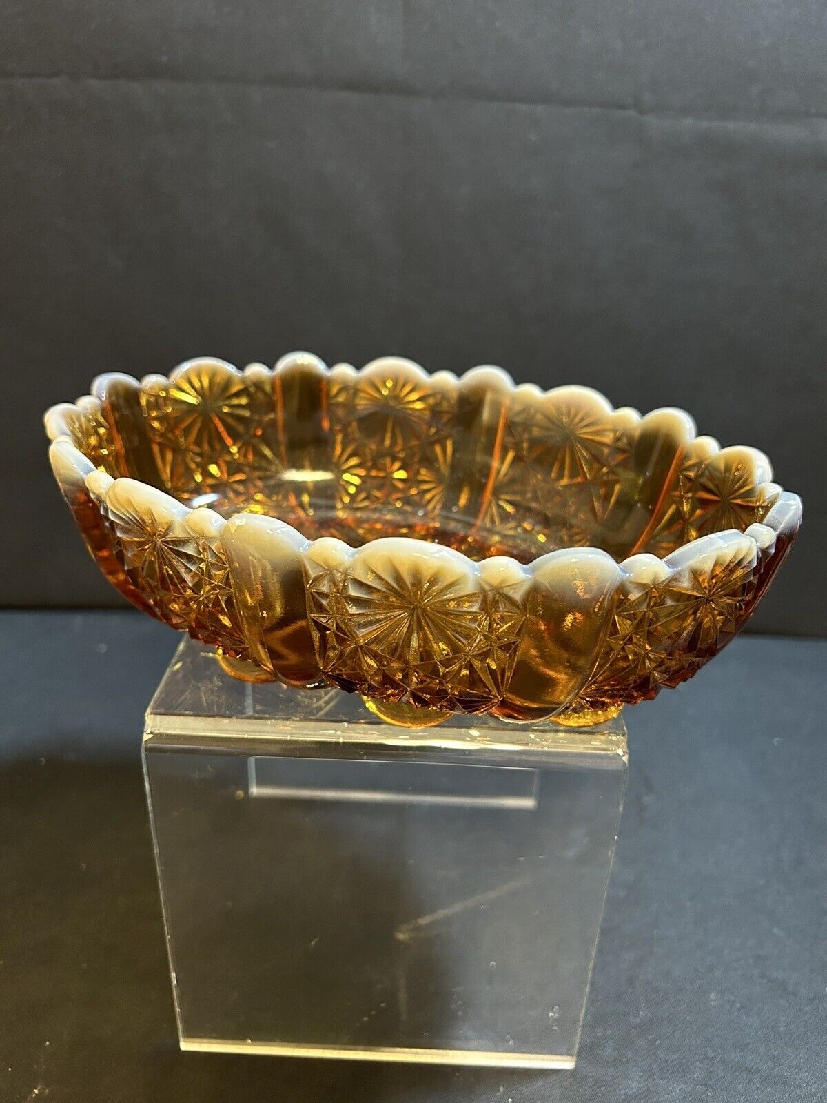 Vintage FENTON Olde Virginia Glass Amber Opalescent White Tip Trinket Candy Dish