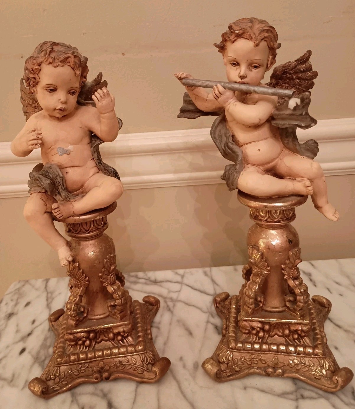Two Antique Cherubs Putti on Gilt Metal Pedestals, Musical Instruments, 12