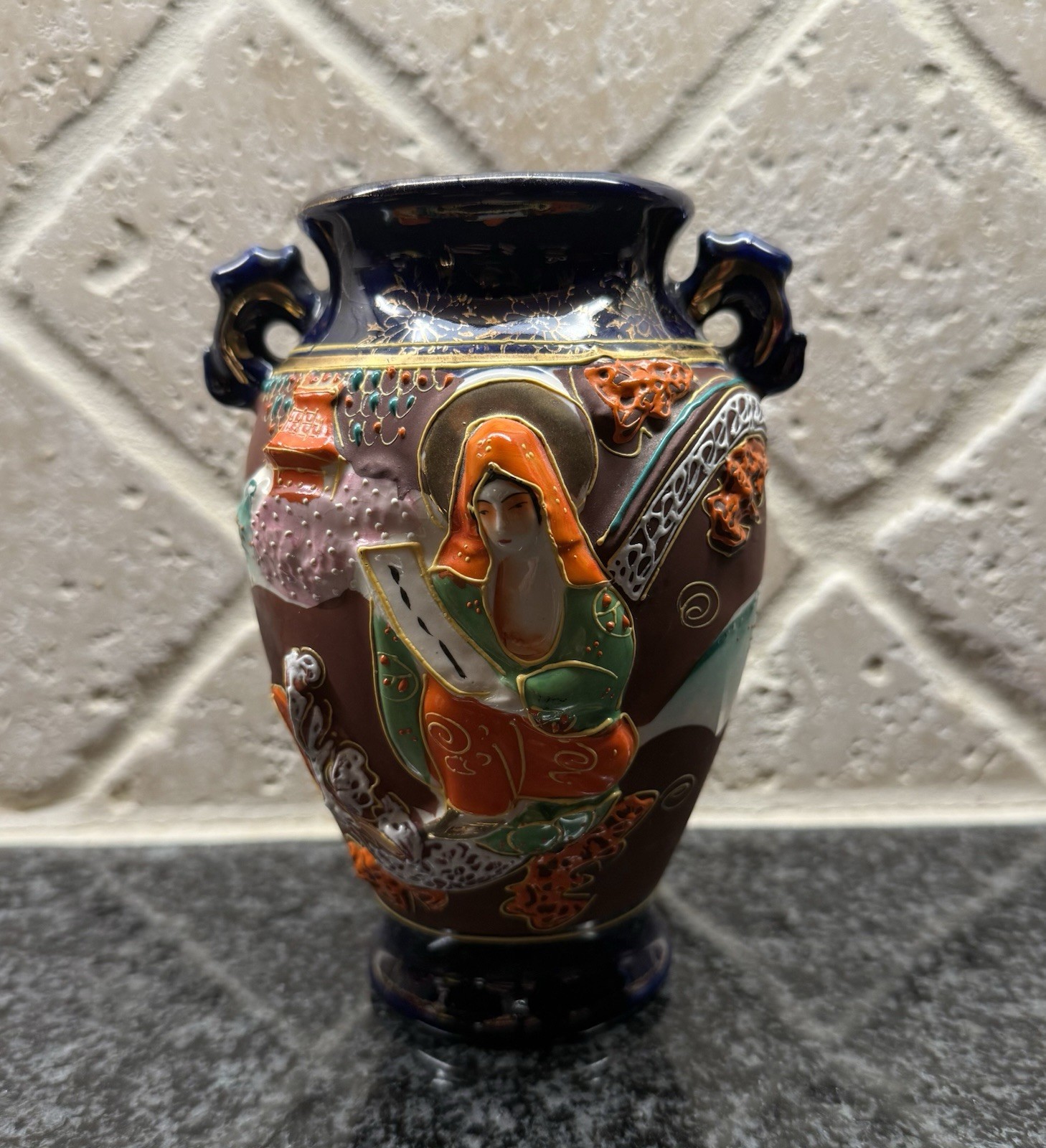 Vintage Japanese Satsuma Ware Vase w/Handles Moriage Cobalt Blue GoldGilt Dragon