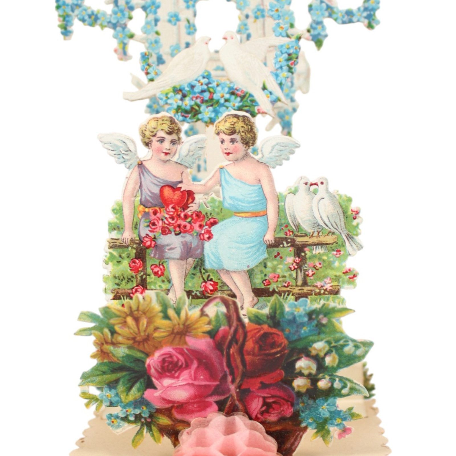 1924 Antique VALENTINE Mechanical Stand Up Card Two Girls Angels Doves Die Cut