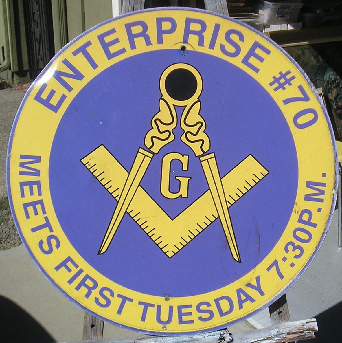 OLD FREE MASONS  METAL,  PORCELAIN SIGN ENTERPRISE #70 YUBA CITY CA,  24\