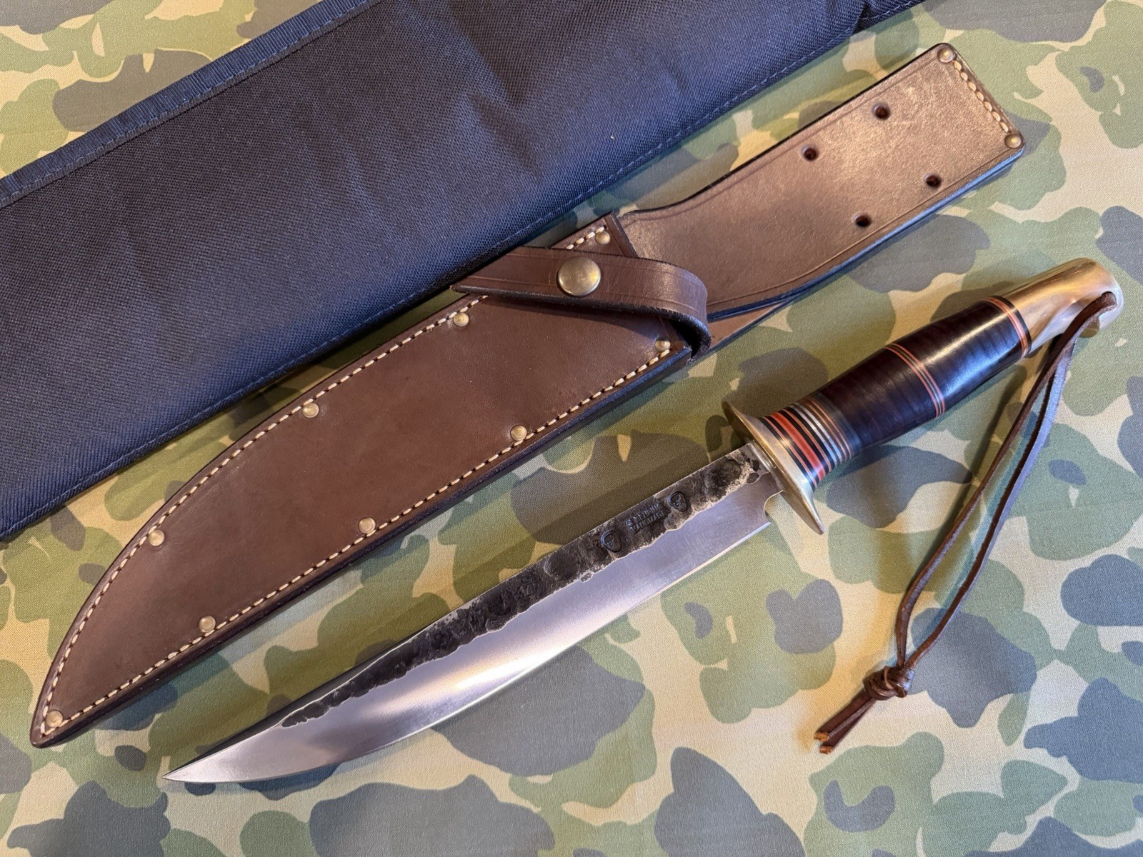 Treeman Knives / Jim Behring 9” Double Skull Fighter Knife w/ Sheath USA  NICE
