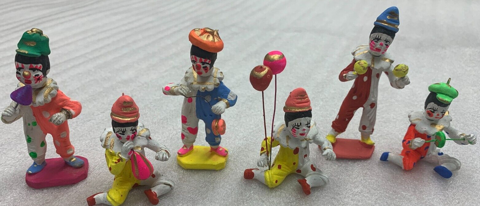 Vintage clay clown lot set of 6 collectible figurine miniature ornament bright
