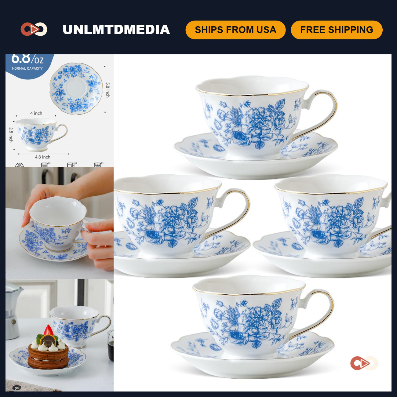 Vintage Blue Floral Ceramic Tea Cup & Saucer Set of 4 - Elegant Blue & White Des
