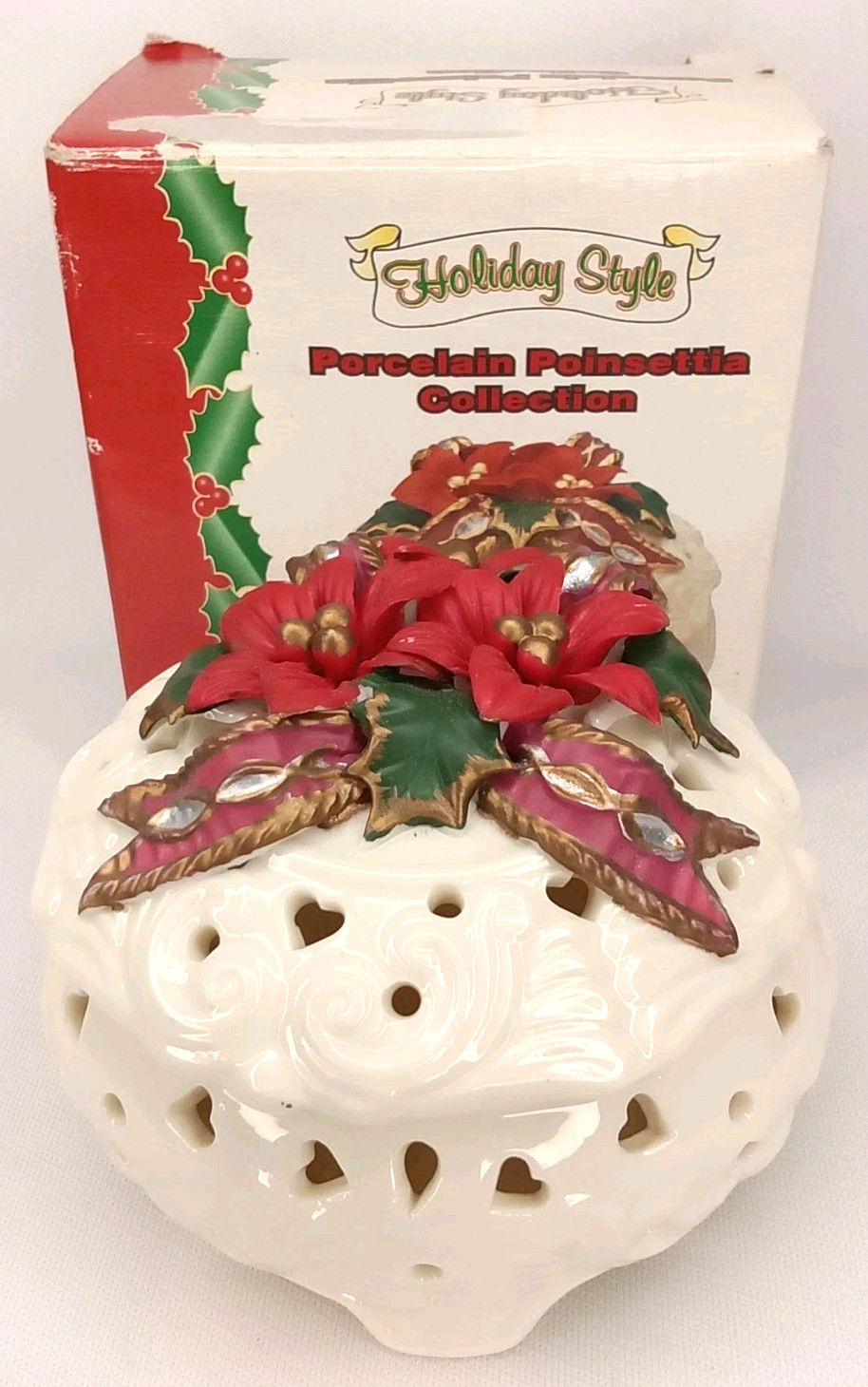 Vintage 1990s Holiday Style Porcelain Poinsettia Trinket Dish With Original Box
