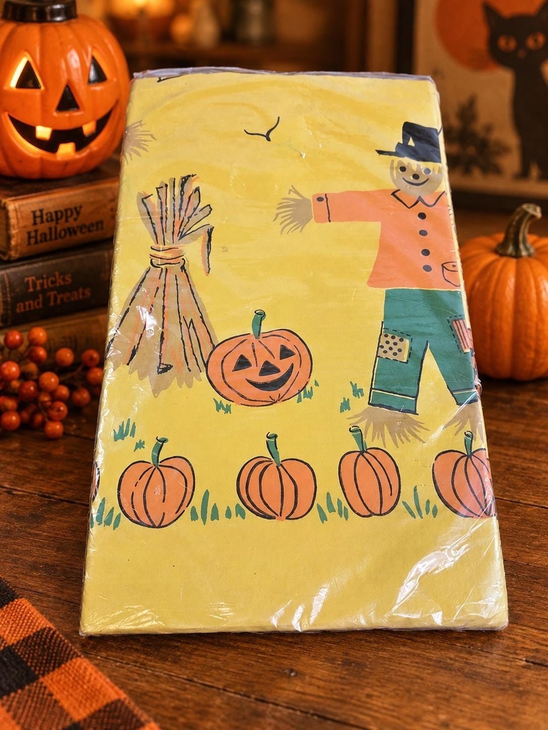 Reed's Rembrandt Vintage Halloween Paper Tablecloth, Scarecrow Jack o Lantern