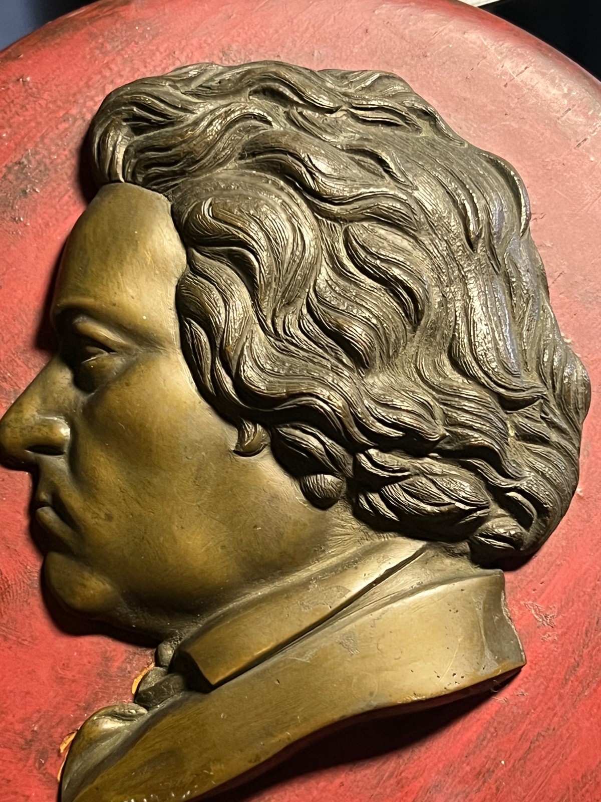 Vintage Mozart & S. Bach high relief fine Bronze cast Red  plaques set