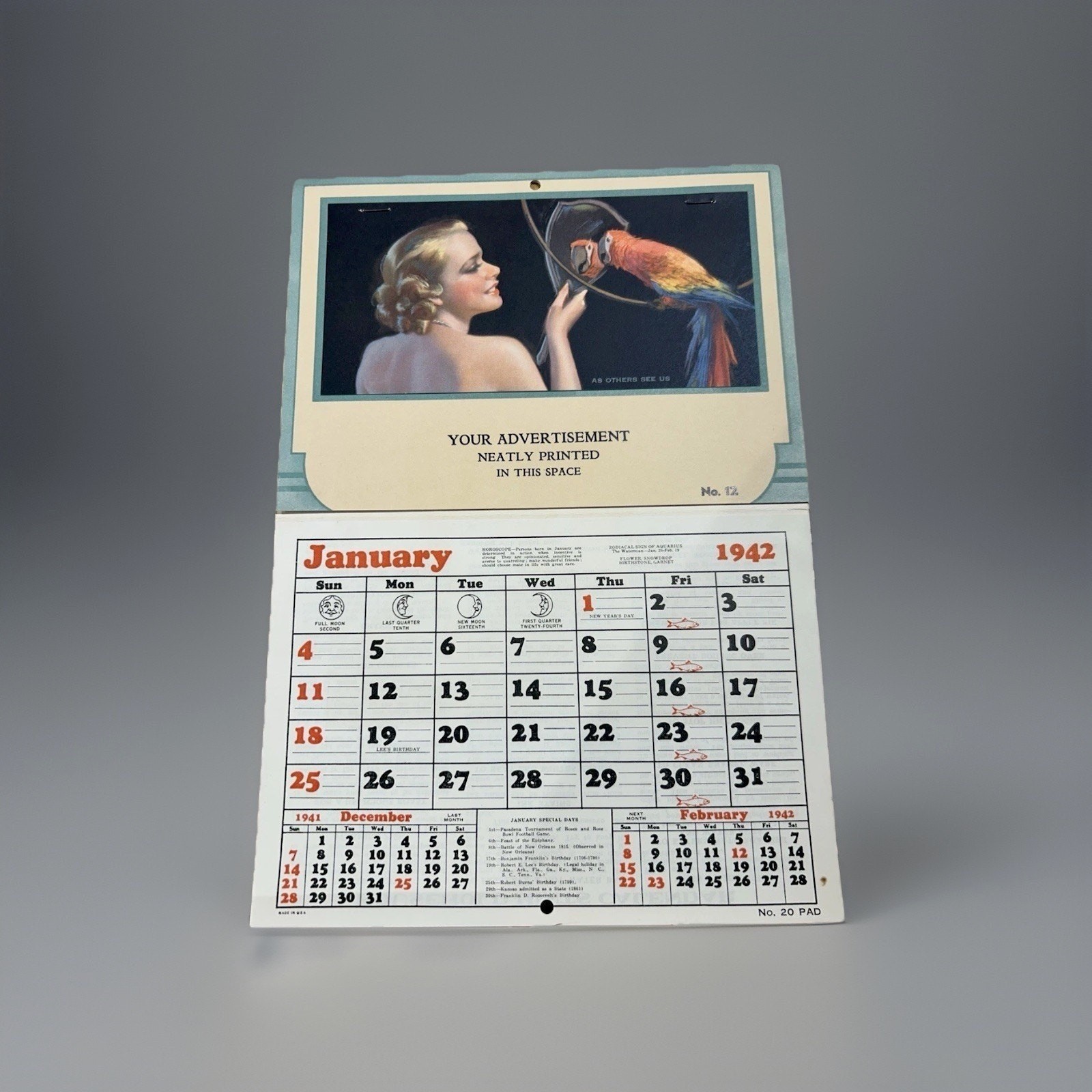 1942 Salesman Sample Advertising Calendar As Others See Us Parrot NOS