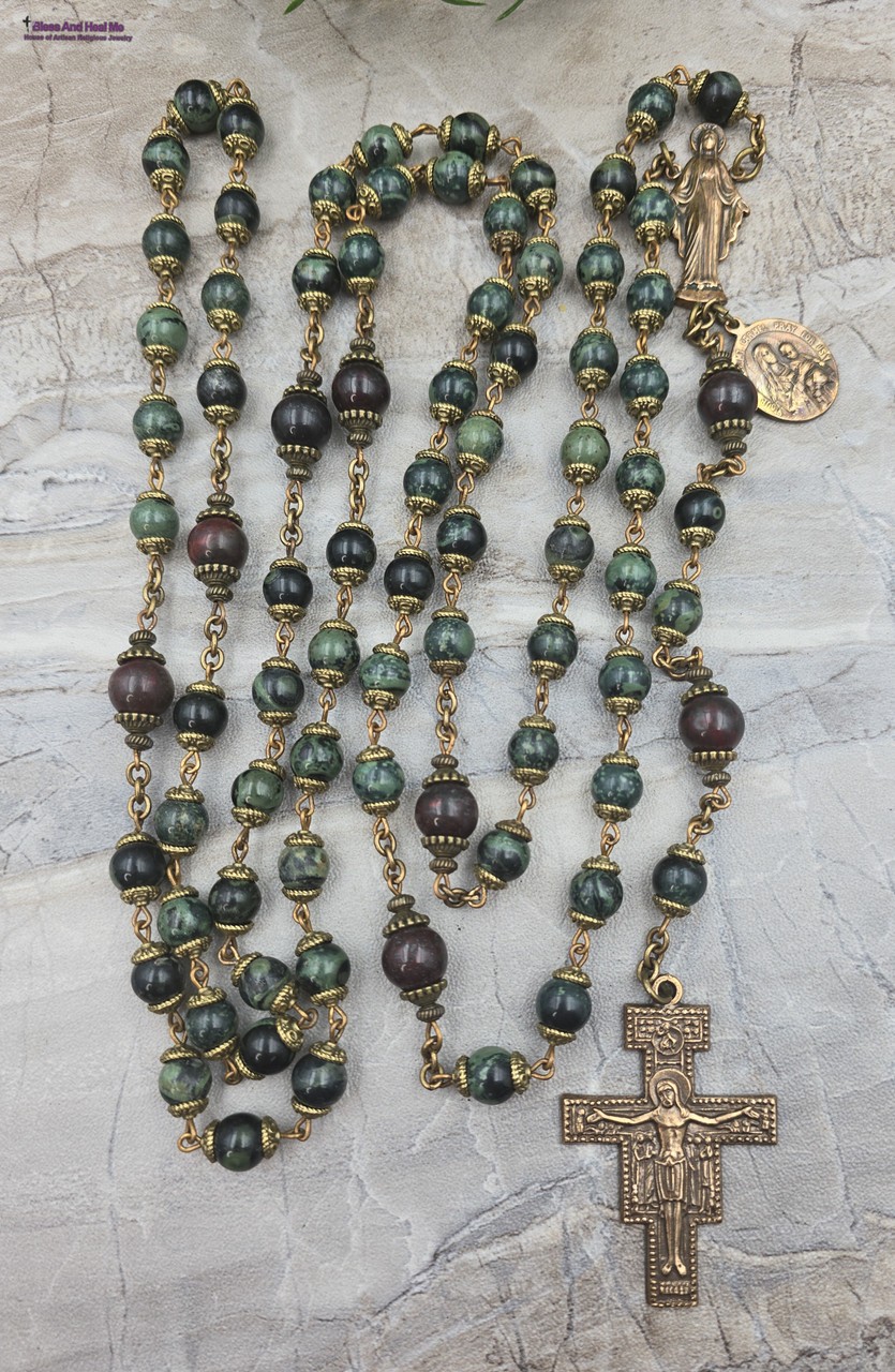 7 Joys of Mary Franciscan Crown Rosary - 7 Decade Bronze Heirloom & Green Jasper