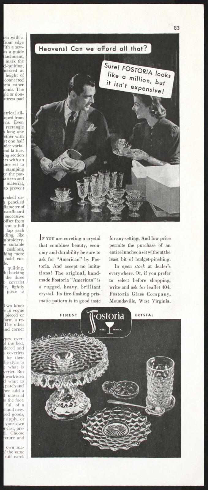 1940 FOSTORIA AMERICAN Crystal Glass Cake Stand,  Stemware Etc Vtg PRINT AD