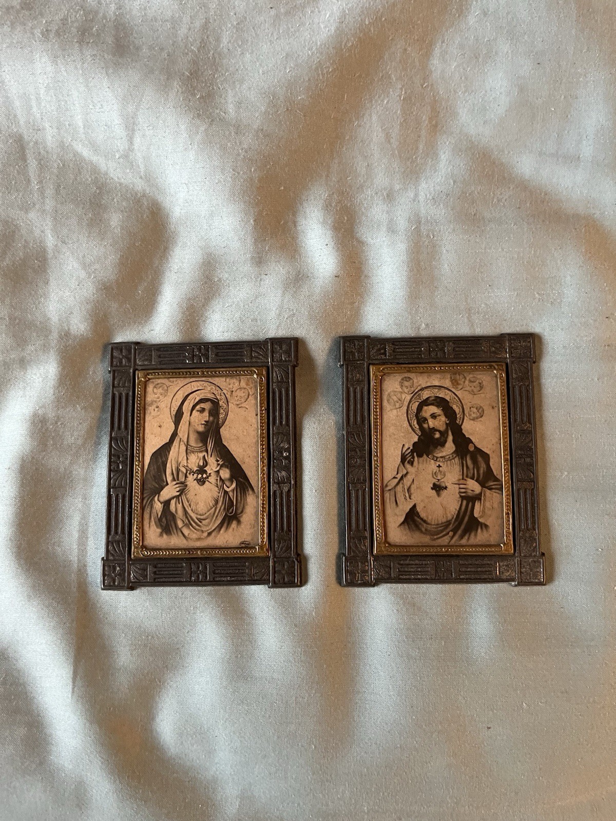 Antique Set Of Scared Immaculate Heart Of Jesus & Mary Small Metal 1910 Germany