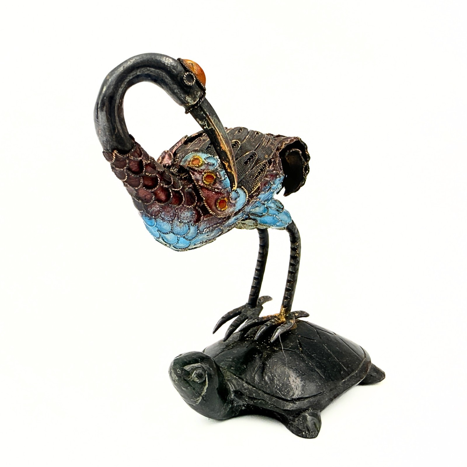Antique Rare Japanese Crane & Tortoise Onyx Sterling Silver Cloisonne Figurines