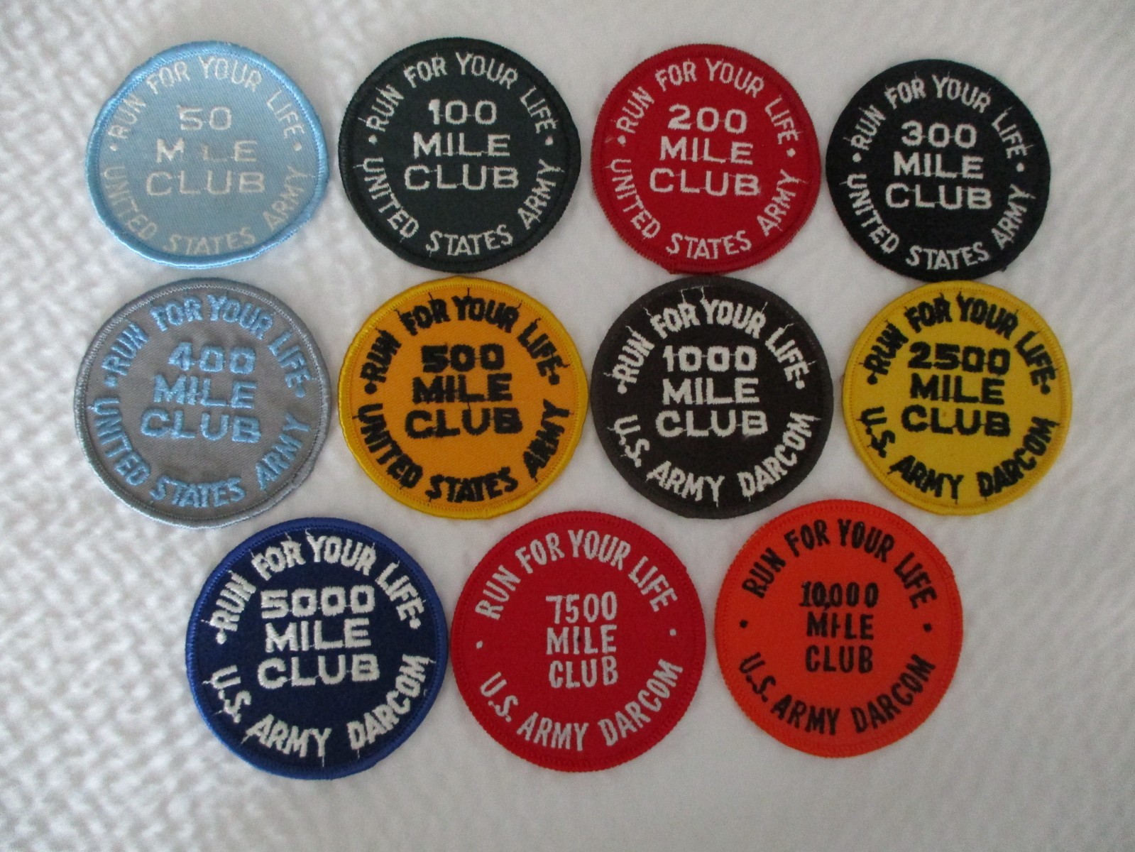 VINTAGE PATCH RUN FOR LIFE US ARMY DARCOM MILE CLUB - SET(11) - 50 - 10000 MILES