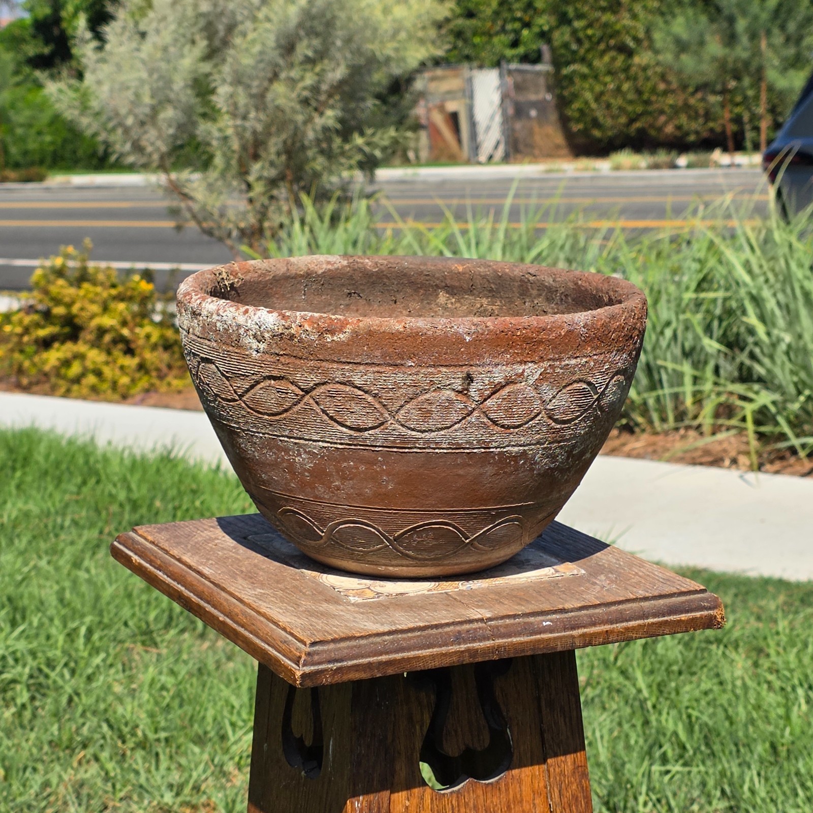 Vintage Terracotta Planter Primitive Hand Carved Geometric Wave Clay Pot 11\ Vintage Terracotta Planter Primitive Hand Carved Geometric Wave Clay Pot 11\