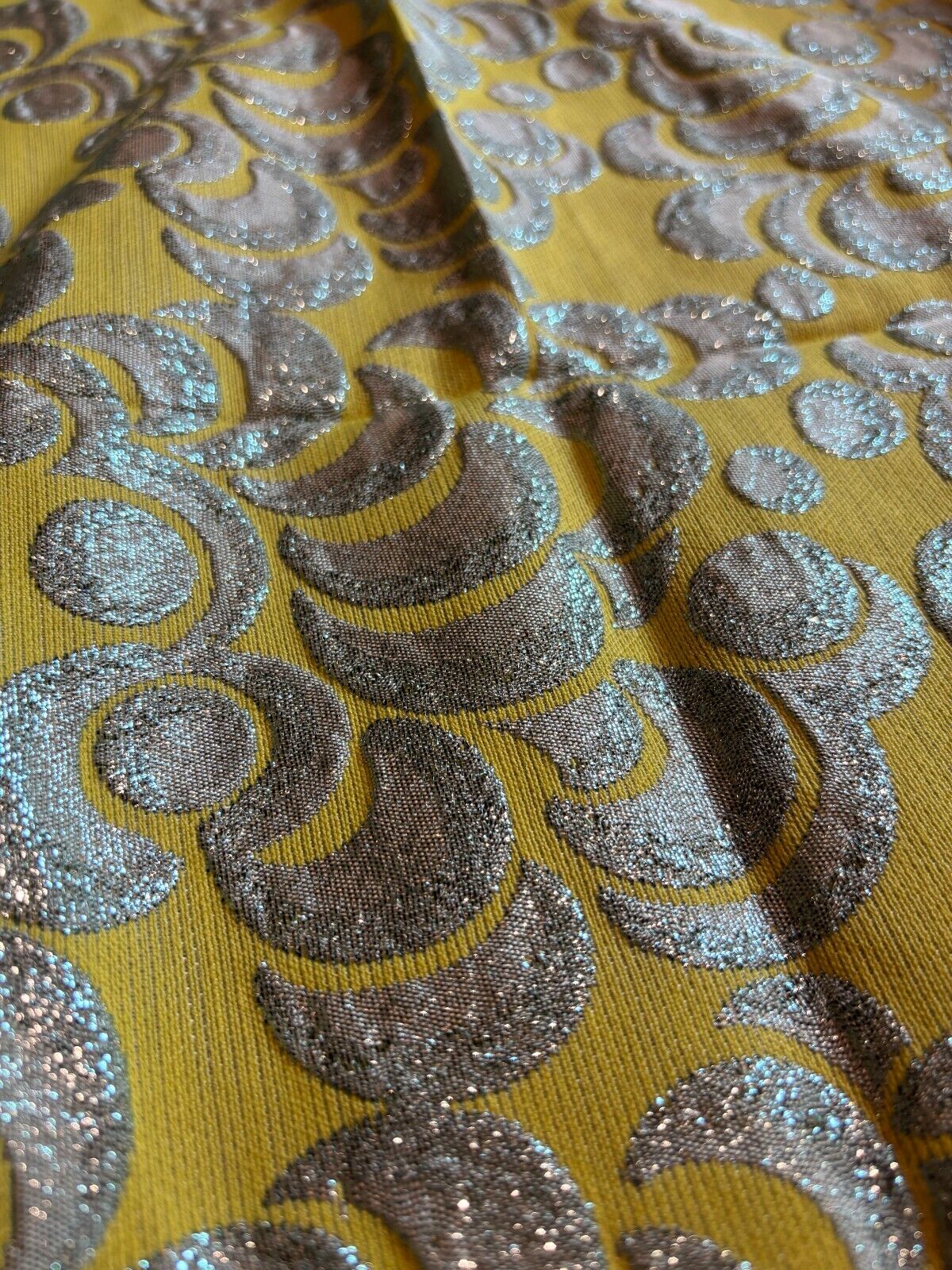 Vintage 60s MCM Brocade Floral Metallic Blue Yellow Fabric Remnant 12 Ft (4 Yds)
