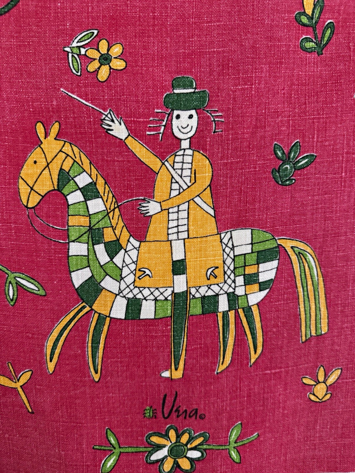 Vintage 1969 Vera Neumann Linen Wall Calendar Tea Towel Horse Rider Red Yellow