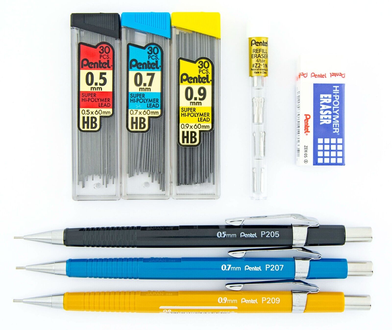 Pentel Sharp Mechanical Drafting Pencils Set 0.5 0.7 0.9mm Lead & Erasers Lot