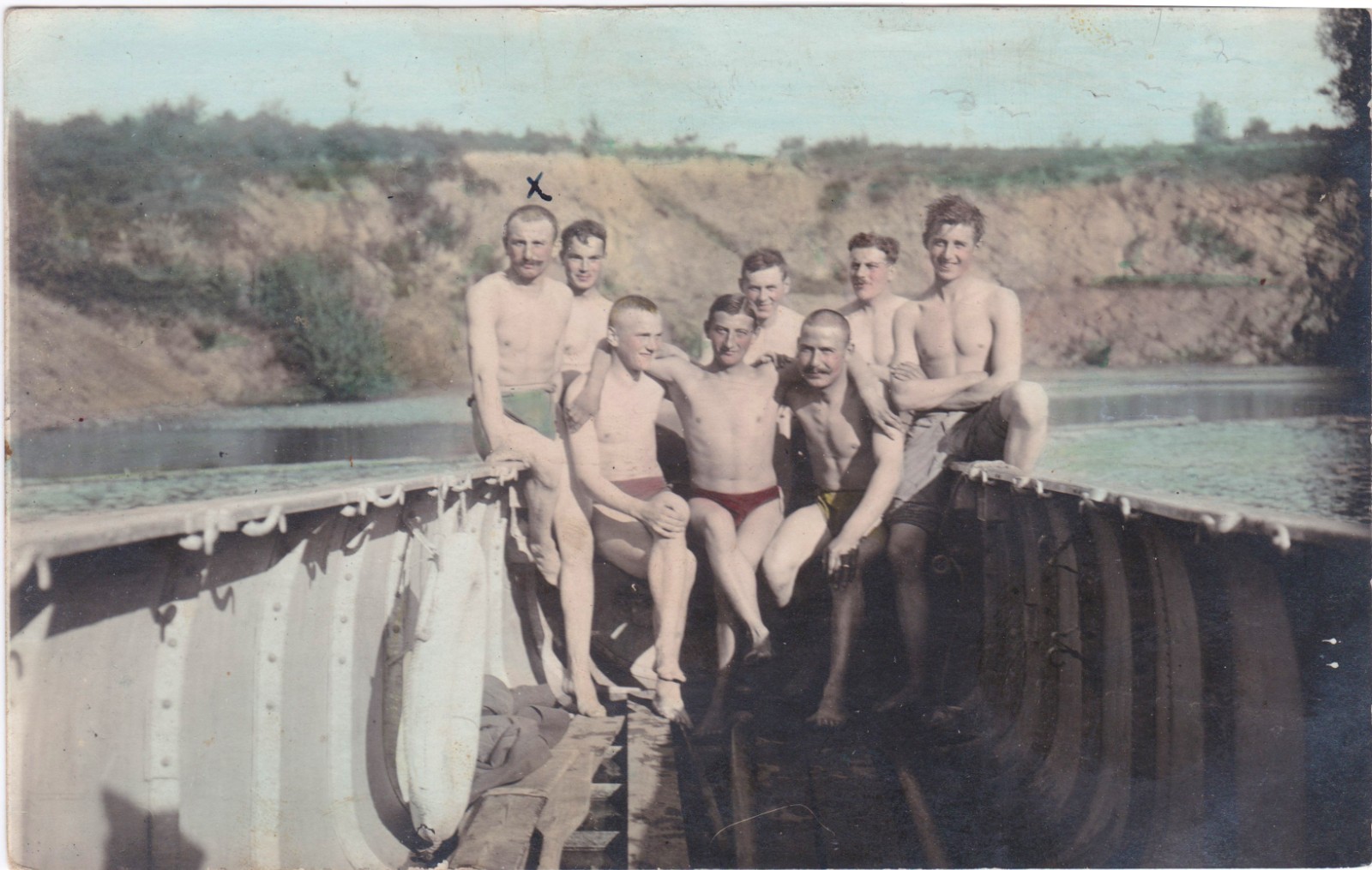 Hand tinted vintage postcard - Shirtless affectionate speedo men-  Gay interest