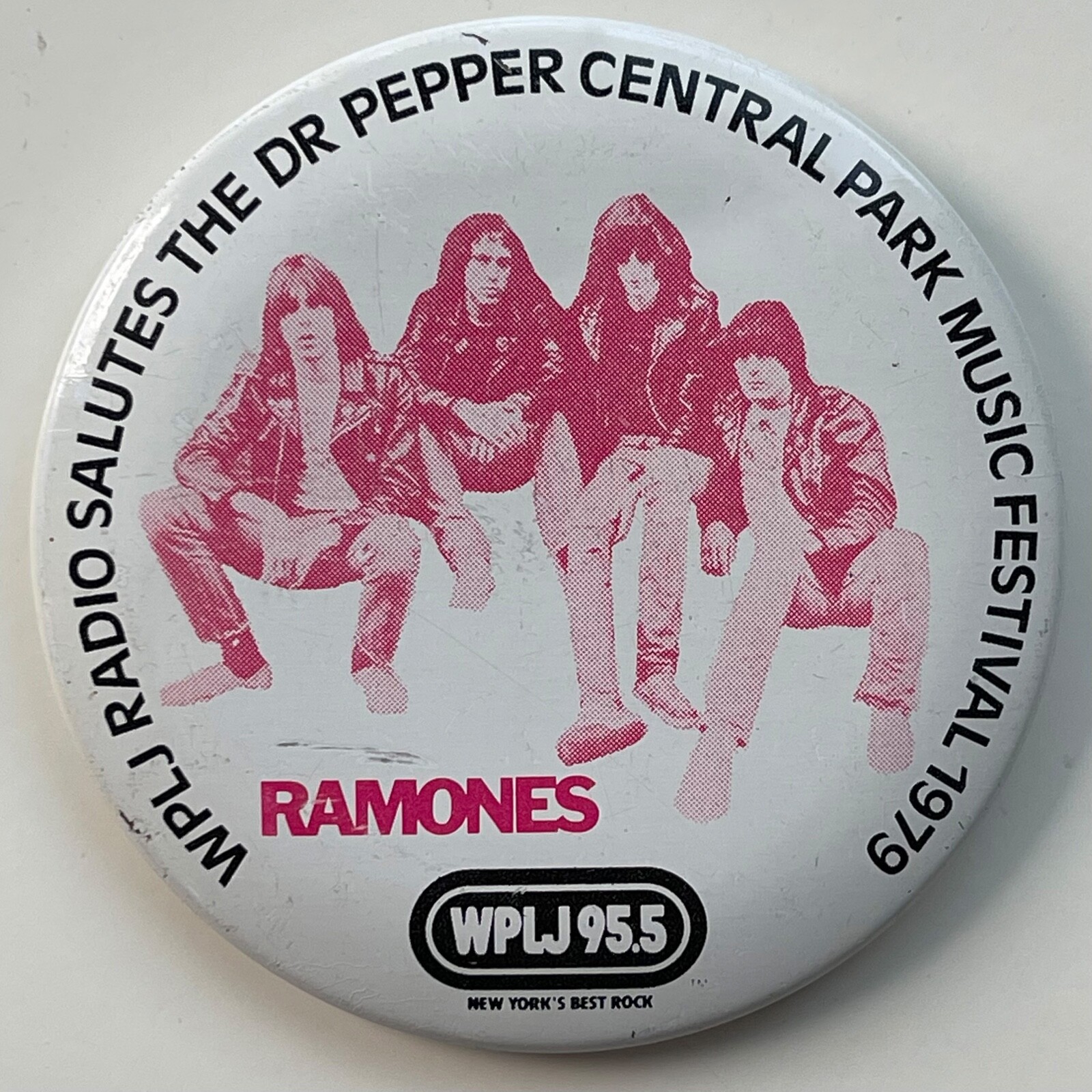 RARE Vintage \'79 THE RAMONES promo pin WPLJ concert NY Central Park button badge